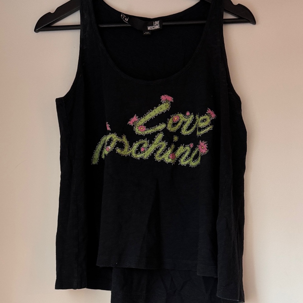 Love Moschino Black Tank with Green and Pink Embroidery